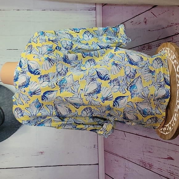 Talbots Yellow w/Blue Sea Shells Tunic Style Blouse. Size Lp 100% Cotton V-neck - Picture 11 of 17